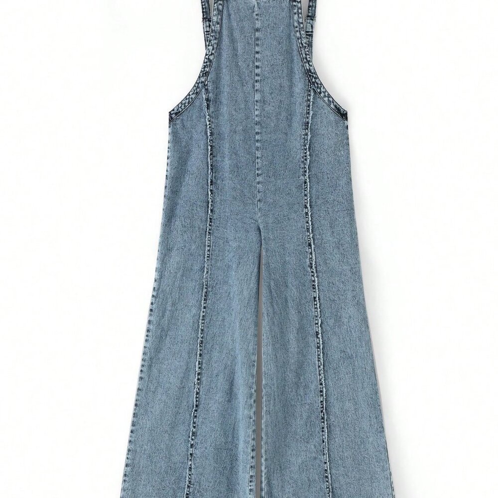 Blue Casual Women's Denim Overalls Washed Trim Sleeveless Wide Leg Jumpsuit - Picture 3 of 4